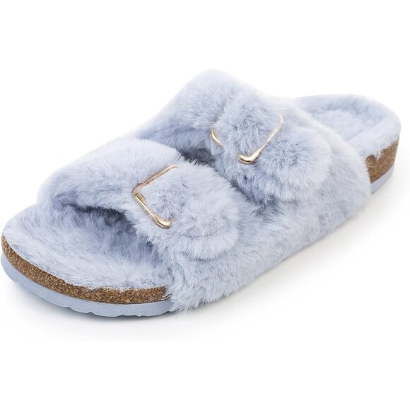 Women's Light Blue Cozy Lining Faux Rabbit Fur Cork Open Slipper Sandals Shoes - Picture 5 of 7